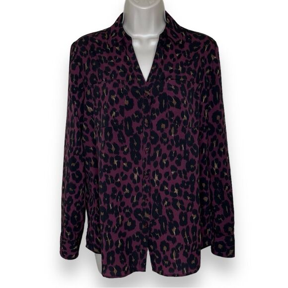 Talbots Berry Black Tan Animal Print Button Front Shirt Long Sleeve Women Medium - Picture 1 of 12
